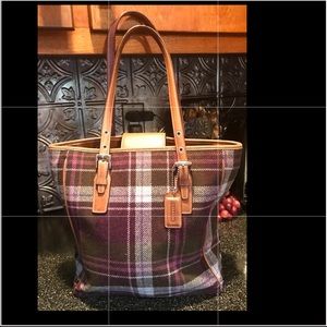 Authentic COACH Purple Plaid Wool/Leather Handbag